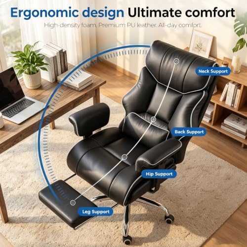 COMHOMA Big and Tall Office Chair,Heavy Duty Gaming Chair with Foot Rest and Wide Pocket Spring Cushion Reclining Height Adjustable for Home Office Work, Comfy Pu Leather Black-White