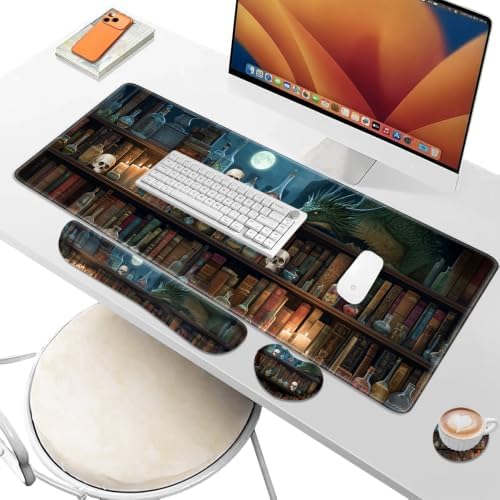Desk Pad and Keyboard Wrist Rest, Large Mouse Pad + Keyboard Pad+Mouse Wrist Support, Non-Slip Desk Mat Protector for Office, Home 31.5×11.8 Inches Gothic Skull