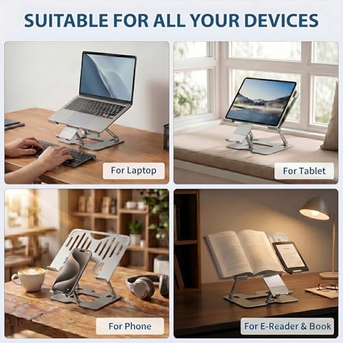 Adjustable Laptop Stand with Phone Holder, Ergonomic Alloy Steel Laptop Riser, Portable & Foldable Computer Stand for Desk, Compatible with MacBook Pro/Air All 10-18" Laptops (Silver)