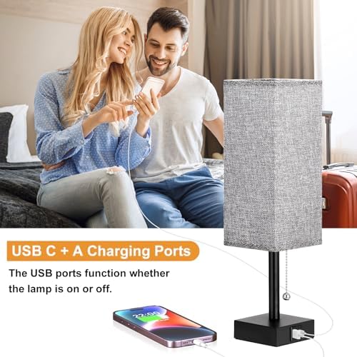 Set of 2 Grey Bedside Table Lamps for Bedroom - Nightstand Lamp, USB C+A