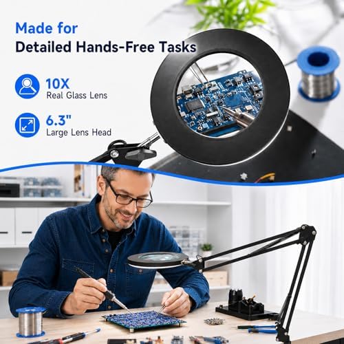 10X Magnifying Lamp with Light and Clamp, 6.3-Inch Real Glass Lens