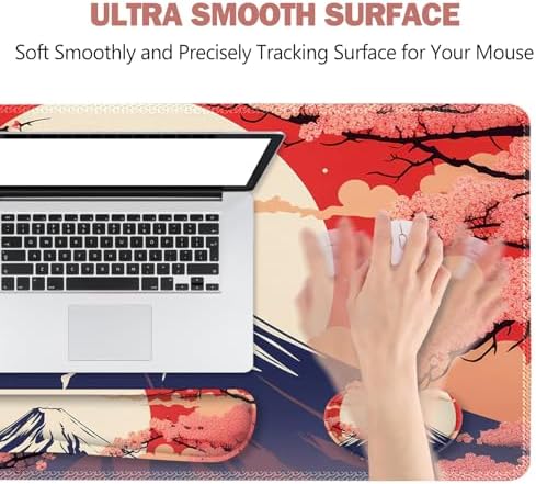 ToLuLu Large Mouse Pad Desk Pad Set, Wrist Rest Support Desk Mat for Keyboard Mouse, 4PCS 35.4”x15.7 XXL Giant Mouse Pad, Non-Slip Base Mousepad Office Desk Decor, Japanese Moon Red Cherry Blossom