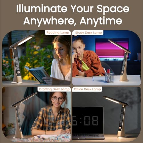 WILIT Rechargeable Lamps Cordless Table Lamp, Foldable Portable Desk Lamp, Battery Operated Lights with Stepless Brightness&Time Display for Home Office, Book Lights, Desk Accesories, Tea White