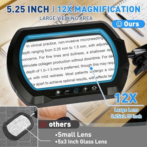 HITTI 12X Square Ultra Long Magnifying Glass with Light and Clamp