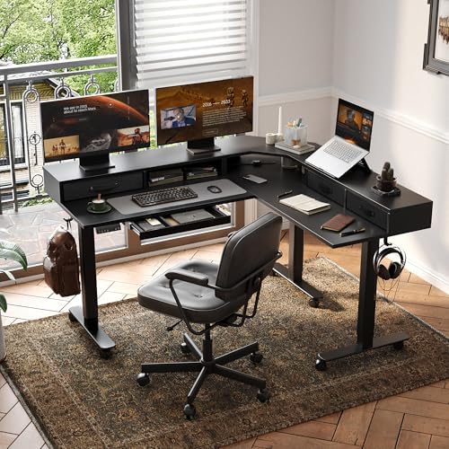Claiks Dual Motor L Shaped Standing Desk with Drawers, 63inch, Black