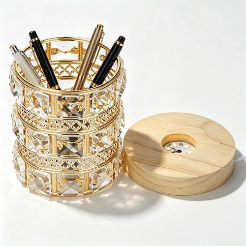 LED Crystal Night Light Wood Base Makeup Brush Holder Decor Vase