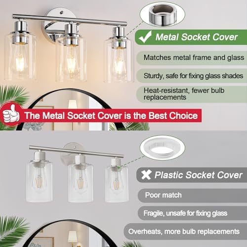 Zarbitta 3-Light Bathroom Light Fixtures, Chrome Bathroom Wall Light with Clear Glass Shade, Bathroom Wall Lamp for Mirror Kitchen Living Room Hallway Cabinet