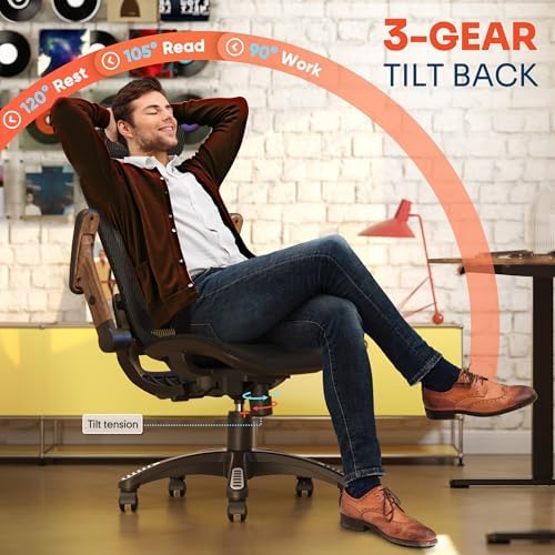 GABRYLLY Ergonomic Office Chair, High Back Home Desk Chair with 2D Flip-Up Arms, 3D Headrest, 90-120° Tilt and Wide Cushion, Big and Tall Mesh Chairs for Man Woman, Computer Task Chair Dark Wood Grain