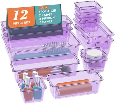 12 PCS Drawer Organizer Set, Makeup Organizers, Tool Storage Trays, Pueple