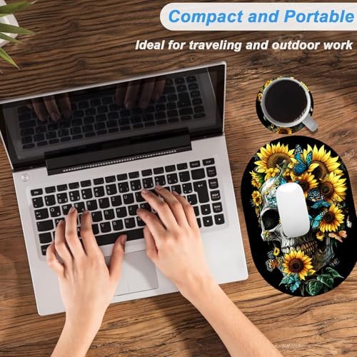 Small Mouse pad, Portable, Waterproof Non-Slip Rubber Bottom, Suitable for Wireless Mouse, Laptop Keyboard Tray for Both Men and Women, Office Travel 7.1x10.6in，Floral Skull with Butterflies