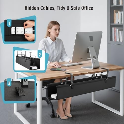 Desk Cable Management Tray, Fabric Cable Organizer, No Drill Large Clamp/Screw Mount Wire Organizer-Support Up to 30lbs, Standing Desk Cable Management for Office Home (Black,28 Inch)