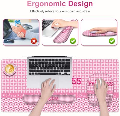 Mouse Pad with Wrist Support 4 in1 Set, XXL Big Game Mousepad + Keyboard Wrist Rest + Mouse Wrist Rest Pad +Coaster Gaming Mat for Home Office Work Computer Laptop I Pink Checkered Princess Girl