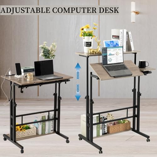 Hadulcet Rolling Stand Up Desk Adjustable Height - Portable Standing Desk with Wheels & Charging Station, Mobile Laptop Desk Small Standing Desk Drawing Table, Grey