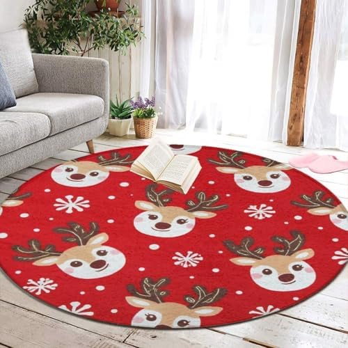 Large Home Decor Mat, Soft Round Yoga Carpet, Non Slip Machine Washable Kitchen Office Circle Rug Christmas Deer Snowflakes