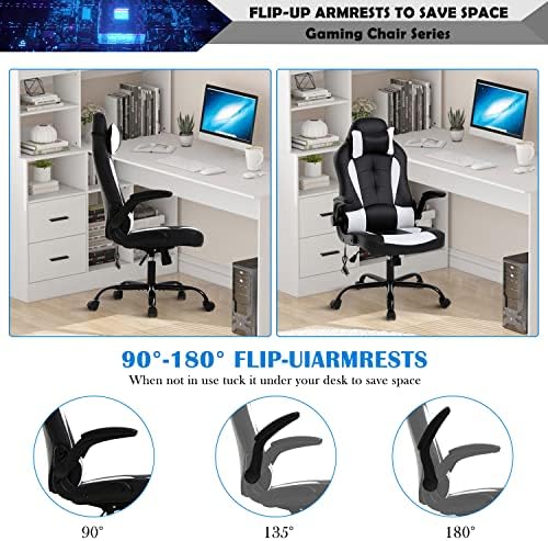 Massage Gaming Chair, PU Leather Gaming Chairs for Adults, Comfy Office Chair Ergonomic Desk Chair Computer Chair with Flip Up Arms, Swivel Reclining Gamer Chair, Height & Backrest Adjustable, White