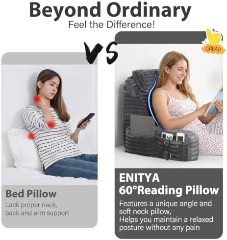 ENITYA 19" Large Back Pillow for Bed Sitting Up with Armrests & Big Pockets
