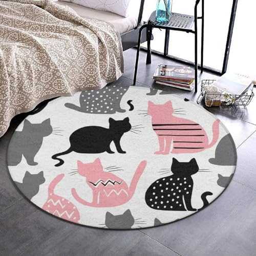 Fashion Round Area Rug Large Non Slip Carpet Unisex Home Decor Mat Cute Cats