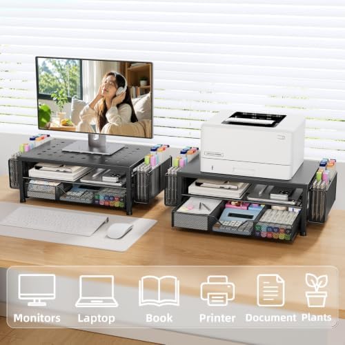 Monitor Stand Riser with Mesh Drawer and 2 Pen Holders, Black Star Vent Top