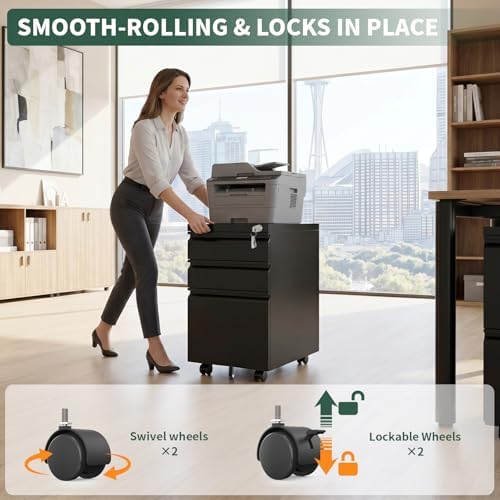 3 Drawer File Cabinet with Lock, Black Metal on Wheels