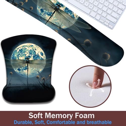 Keyboard Wrist Rest and Mouse Pad Wrist Support with Lace-Shaped Coaster Set, Ergonomic Gel Memory Foam and Anti-Slip Base, Easy Typing and Pain Relief - Dragonfly Moon
