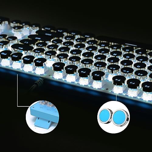 YSCP Typewriter Style Mechanical Gaming Keyboard White Backlit Wired with Blue Switch Retro Round Keycap 104 Keys Keyboard (Blue)