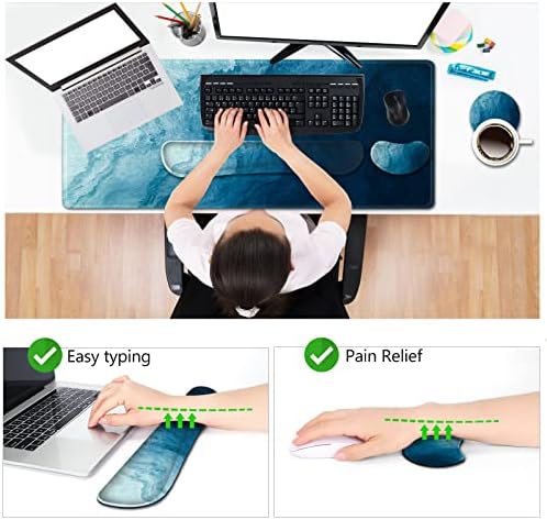 AIMSA Large Gaming Mouse Pad Set, Keyboard Wrist Rest Support + Extended Mouse Pad + Mouse Wrist Cushion + Coaster, Ergonomic Memory Foam Multifunctional Desk Mat 35x15.7inch (Dark Blue Waves)
