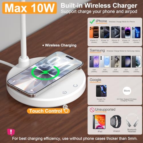 Desk Lamps for Home Office, Wireless Charger 800LM CRI95+ Desk Light, White