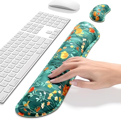 Dapesuom Enlarge Keyboard Wrist Rest Pad, Memory Foam Set Wrist Cushion Support for Easy Typing & Pain Relief, Mouse Wrist Pad, Anti-Slip Wrist Support for Gaming, Computer, Office, Forest Flowers