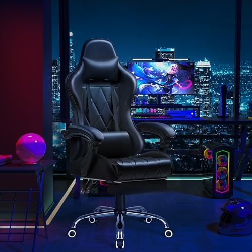 Shahoo Gaming Chair with Footrest and Massage Lumbar Support, Computer Game Chairs Ergonomic Office Seat Height Adjustable with Headrest, Black