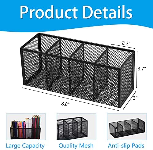 2PCS Black Mesh Pen Pencil Holder, Metal Desk Organizer Desktop Stationery Office Supplies Acessories Storage Stand, 4 Compartments Brushes Holder for Home School Classroom Teachers