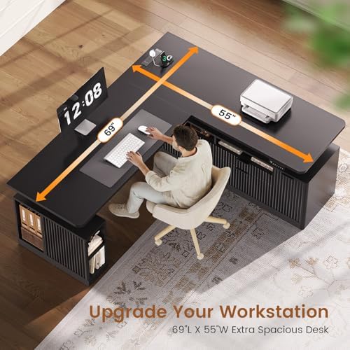 SEDETA Fluted L Shaped Executive Electric Standing Desk with 4 Drawers