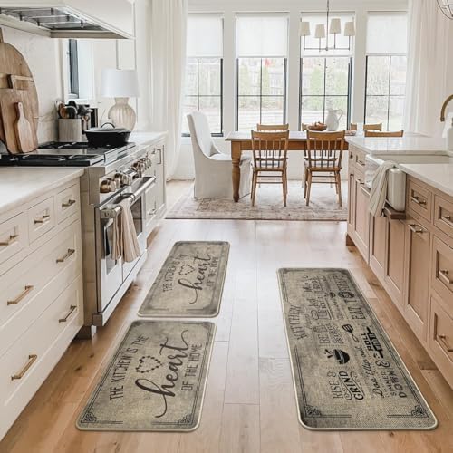 Artoid Mode Kitchen Quotes Kitchen Mats Set of 3, Seasonal The Kitchen is The Heart of The Home Cooking Sets Holiday Party Low-Profile Floor Mat - 17"x29"+17"x36"+17"x47"