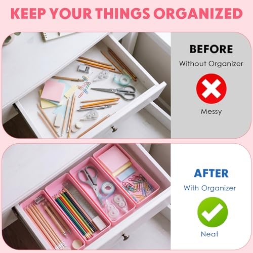 Teling 12 Pcs Pink Plastic Desk Drawer Organizer Pen Tray Shallow