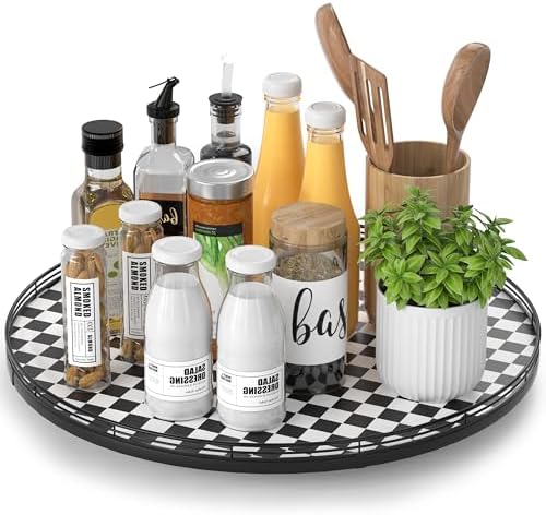 AMH18-Inch Black and White Checkerboard Lazy Susan Decorative Tray