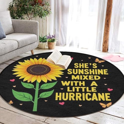 Large Machine Washable Circular Rugs, Home Decor Round Mat for Living Room Sofa Office Butterfly Sunflower She is Sunshine