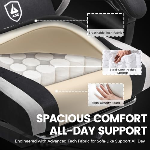 GTPLAYER Gaming Chair Fabric with Pocket Spring Cushion, Big and Tall Gamings Chairs 350LBS High Back Computer Chair with Footrest for Adults Lumbar Support Swivel Game Chair for Office Black