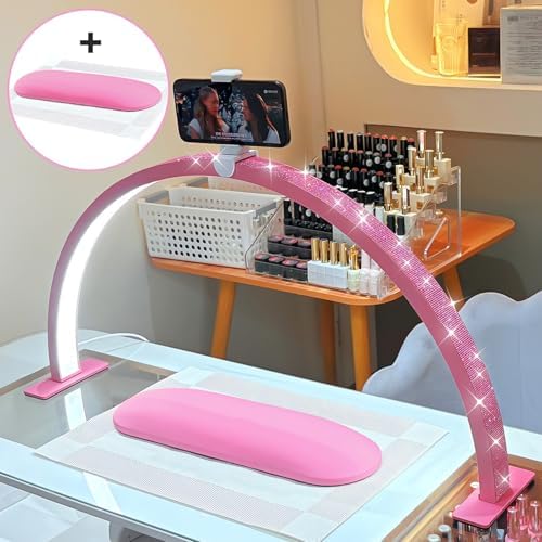 Half Moon Light for Nail Desk - 29-inch LED Nail Tech Lamp with Hands Pillow, Phone Holder，Dimmable Arch Design,48W Portable Manicure Light for Salon and Home Use（Pink-Pink Diamond）