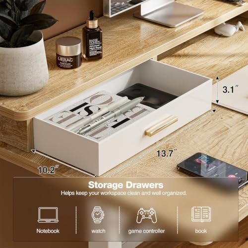 Grandder Electric Standing Desk with Two Drawers, CurvedSit to Stand Up Height Adjustable Desk with Storage Shelf for Home Office, 63 * 32 Inch, Study, Ergonomic Adjustable Computer Desk, Oak