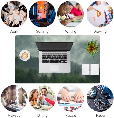 Faux Leather Large Mouse Pad, Office Desk Mat, 23.6"x13.8", Foggy Forest