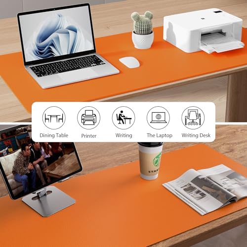 Aothia Faux Leather Desk Mat - Large Mouse Pad, Non-Slip PU Leather Blotter, Waterproof Writing Surface for Office and Home (Hermes Orange, 55" x 17")