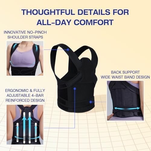 Winvote Posture Corrector Back Brace for Women and Men with Lumbar Support Adjustable Y-Shaped Shoulder Brace Breathable Mesh Black Size M