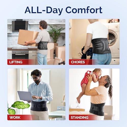 FEATOL Lower Back Brace with 5 Reinforced Stays for Women and Men, Adjustable Snug-Fit Lumbar Support Belt for Work, Size XXL, Waist 44.1-48.4 in, Grey