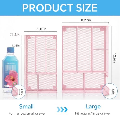 Desk Drawer Organizer, Office Drawer Divider Organizer Tray with 6 Compartments, Metal Mesh Desktop Organization and Accessories for Stationery Makeup Kitchen Toolroom School ＆Office (Large-Pink)