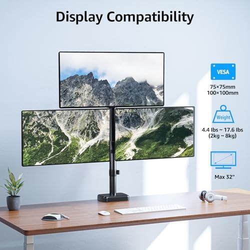 MOUNTUP Triple Monitor Mount Fits Max 32 Inch Screen, Holds 4.4-17.6lbs, 3 Monitors Desk Mount, Triple Monitor Stand for Desk, Adjutable Arm with Clamp/Grommet Base, for Home Office, 75x75/100x100