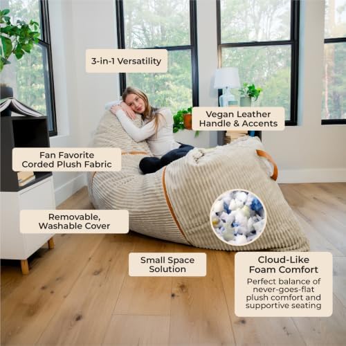 Big Joe Turnabout 3-in-1 Convertible Bean Bag Chair, Vanilla Latte
