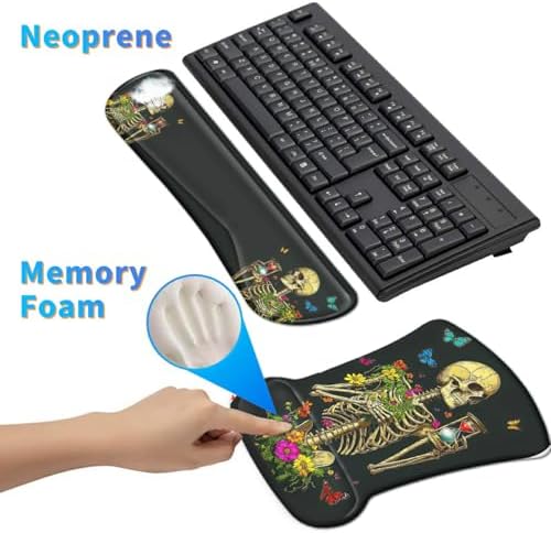 Ergonomic Memory Foam Keyboard Wrist Rest Pad Set, Flower Butterfly Skull