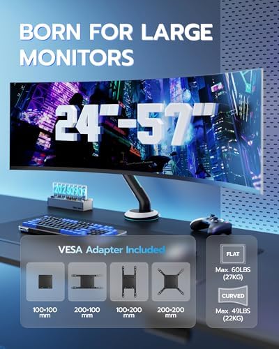 Single Gaming Monitor Arm for 24"-57" Screens, Up to 60 lbs, White