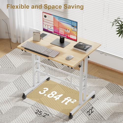 VECELO Mobile Small Standing Desk Adjustable Height, Computer Workstations with Tiltable Tabletop, Lockable Wheels, Portable Rolling Laptop Desk for Home Office, Oak