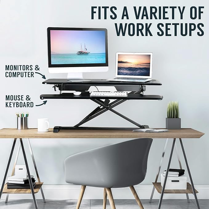 TechOrbits OF-S06-2 Desk Converter-37-inch Height Adjustable, MDF Wood, Sit-to-Stand Rise-X Pro Black, 36"