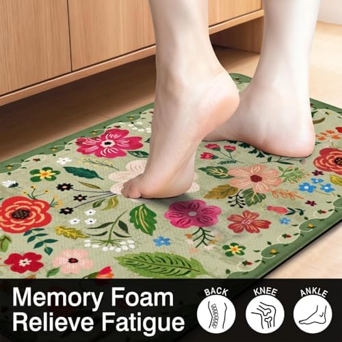 Boho Floral Anti Fatigue Kitchen Rugs and Mats, 17.3"x47"+17.3"x29"